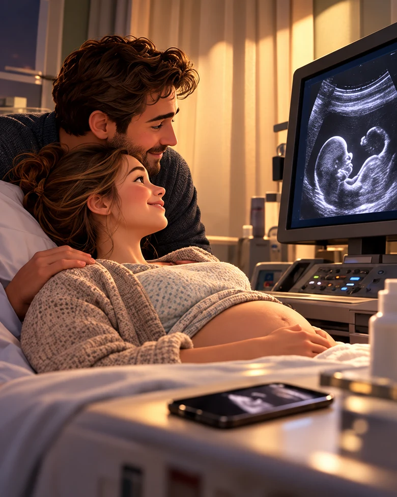 Expectant parents share a quiet smile beside an ultrasound image in a warmly lit hospital room.