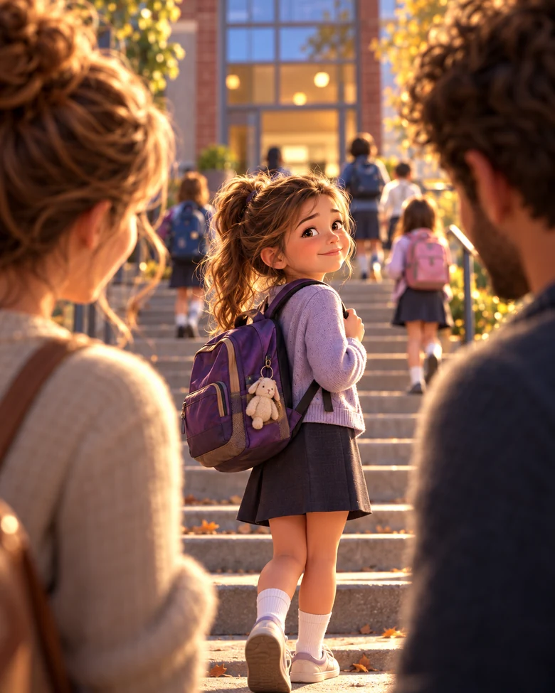 Seven-year-old Ella looks back at her parents outside school, wearing a lavender sweater and her purple backpack.