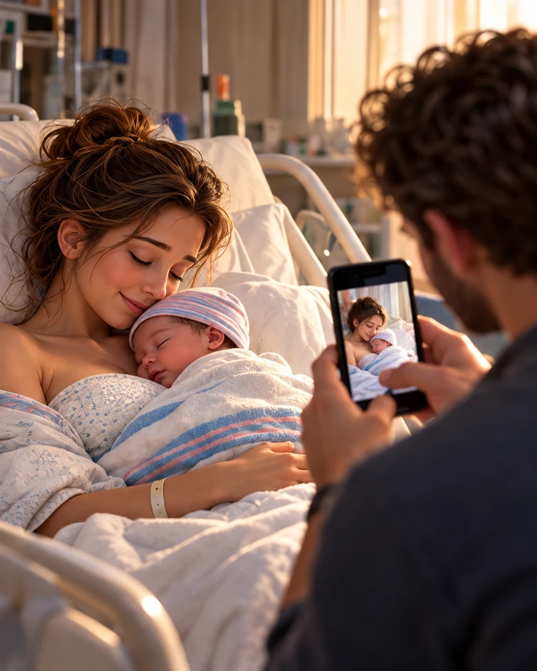 A mother holds her sleeping newborn daughter while the father photographs them with his phone.
